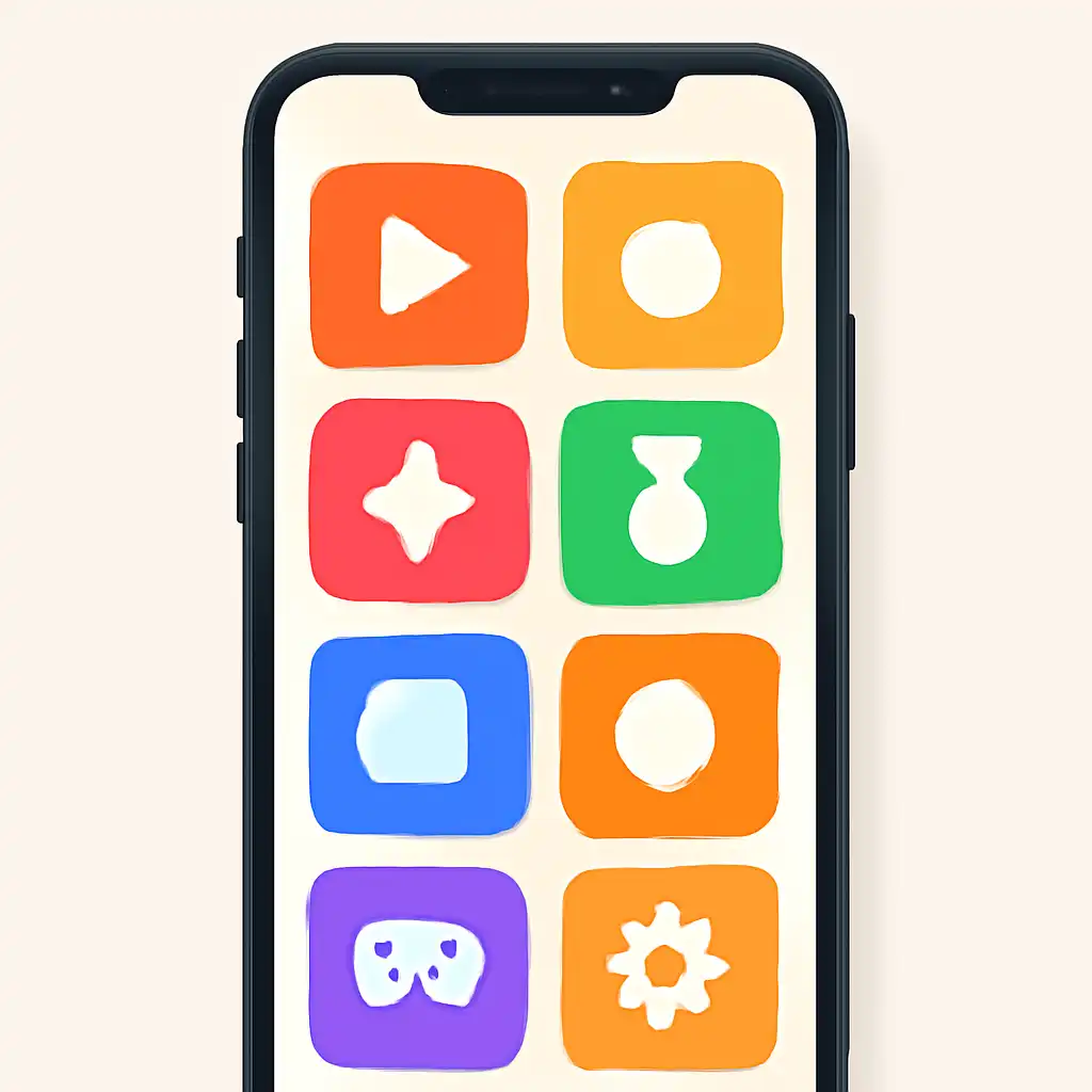 Smartphone shown from the front displaying a colourful flat layout of abstract game icons and rounded tiles (no text, no letters, no labels), BDG Net
