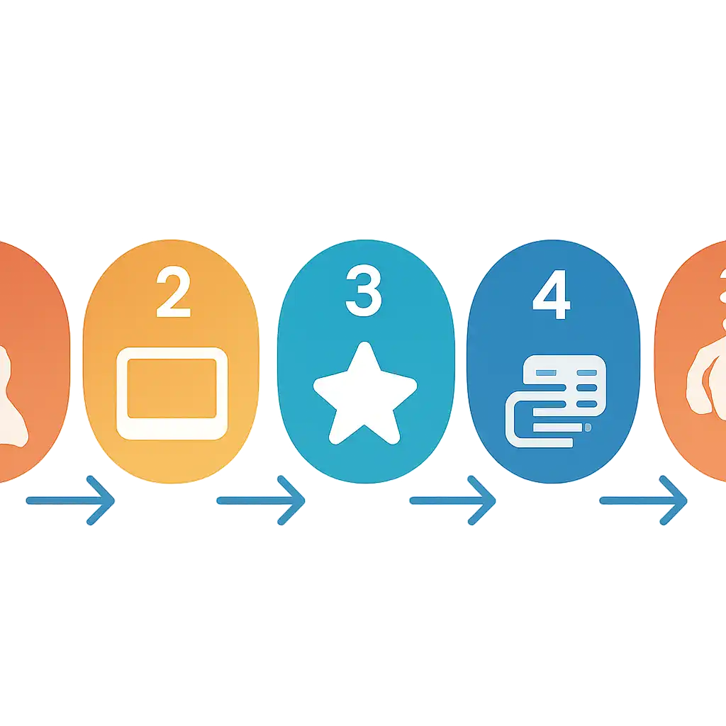 Five numbered circular icons connected by arrows in a horizontal flow, flat illustration, icons only, no words, BDG Net steps