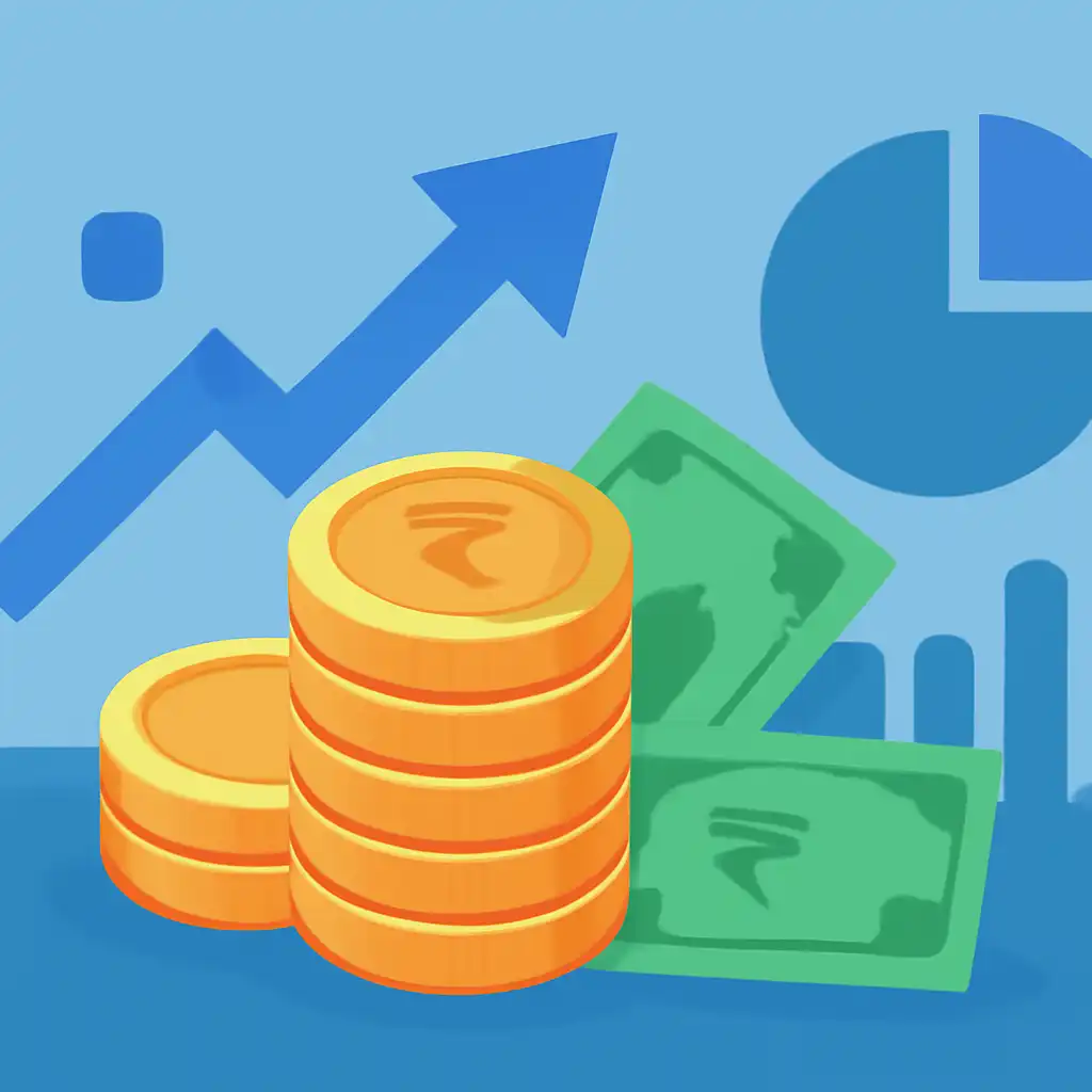 Coins stack and rupee notes: BDG Net earnings illustration
